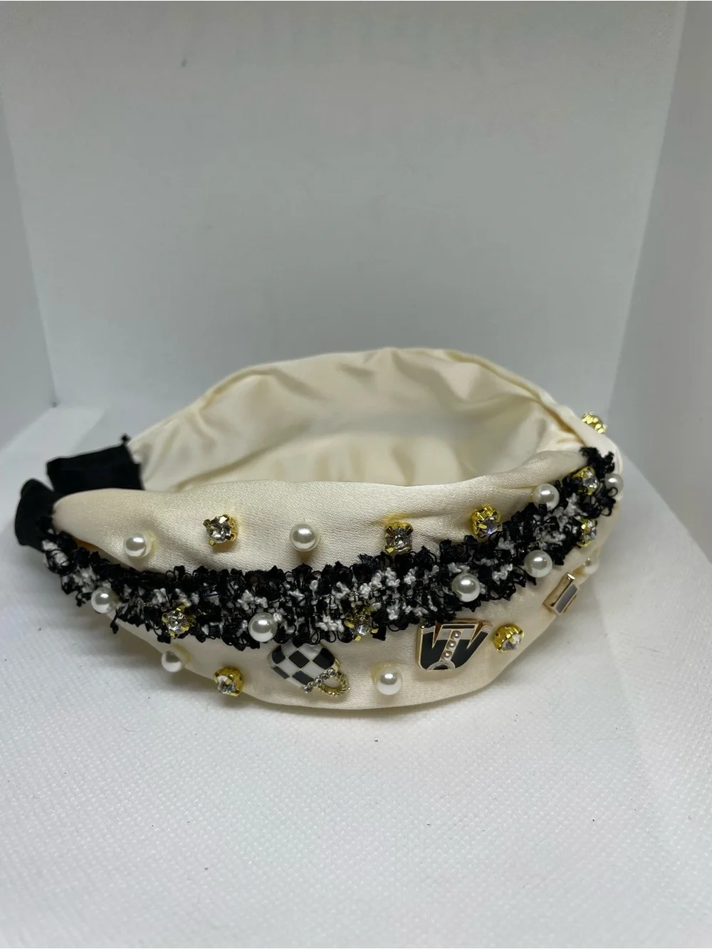 Silk Pearl & Gem Embellished Knotted Headband - Cream